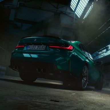 BMW M3 Saloon G80 2020 Isle of Man Green metallic three-quarter rear view worm's-eye view BMW M3 Saloon G80 2020 Isle of Man Green metallic three-quarter rear view worm's-eye view
