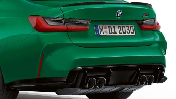 BMW M3 Saloon G80 2020 three-quarter rear view BMW M3 Saloon G80 2020 Isle of Man Green three-quarter rear view