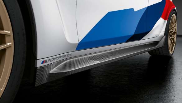 BMW M3 Saloon G80 2020 M Performance side skirt insert, carbon fibre close-up