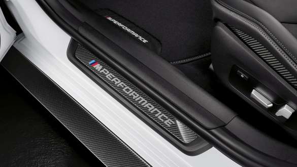 BMW M3 Saloon G80 2020 M Performance door sill finisher, carbon fibre close-up