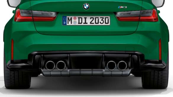 Tailpipe finishers in Chrome BMW M3 Saloon G80 2020 BMW M3 Saloon G80 2020 Isle of Man Green tailpipe finishers in Chrome rear view