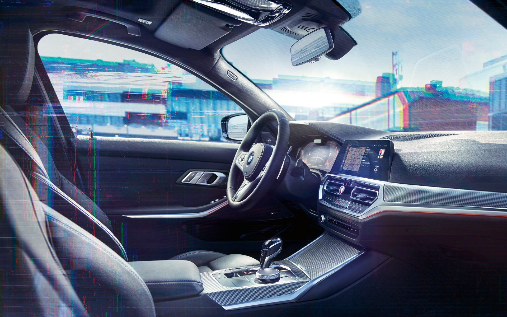 BMW 3 Series Saloon (G20), BMW Live Cockpit Professional. Close-up of the interior of the BMW 3 Series Saloon (G20) with BMW Live Cockpit Professional.