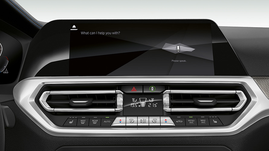 BMW 3 Series Saloon (G20), BMW Intelligent Personal Assistant. Frontal close-up of the cockpit display of the BMW 3 Series Saloon (G20) with BMW Intelligent Personal Assistant.
