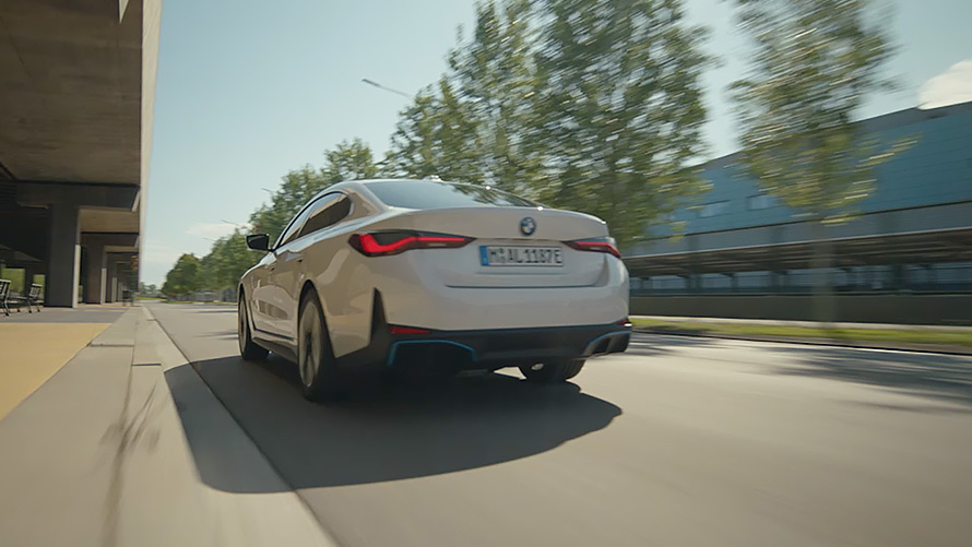 The full-electric BMW i4 G26 2021 close-up lateral front The full-electric BMW i4 G26 2021 close-up lateral front