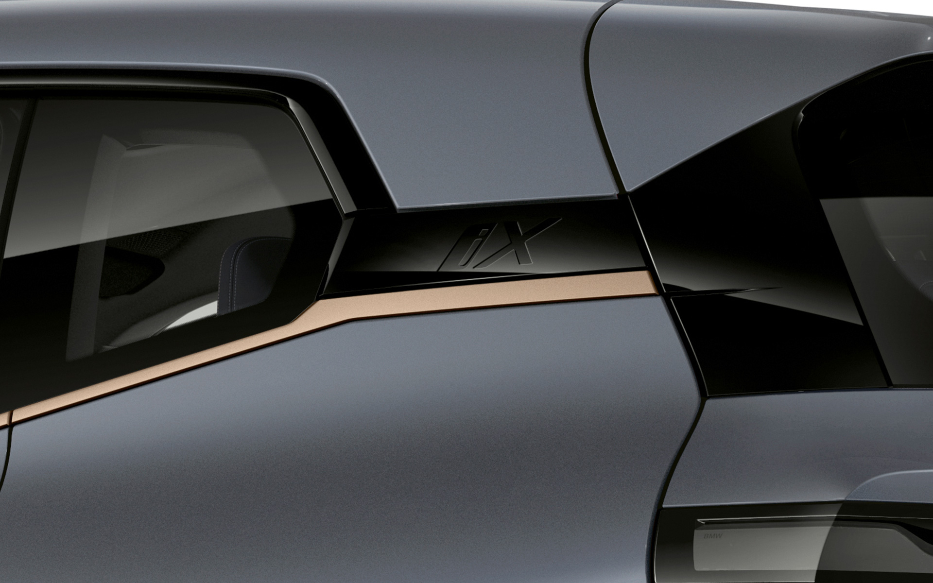 BMW iX M60 i20 2022 electric SUV electric car BMW Individual Storm Bay metallic detail view iX designation Hofmeister kink BMW Individual Exterior Line Titanium Bronze