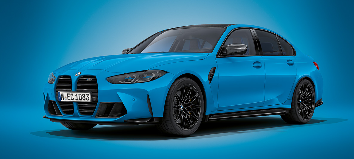 BMW M3 Saloon BMW Individual Mexico Blue metallic G80 2021 three-quarter front view standing BMW M3 Saloon BMW Individual Mexico Blue metallic G80 2021 three-quarter front view standing