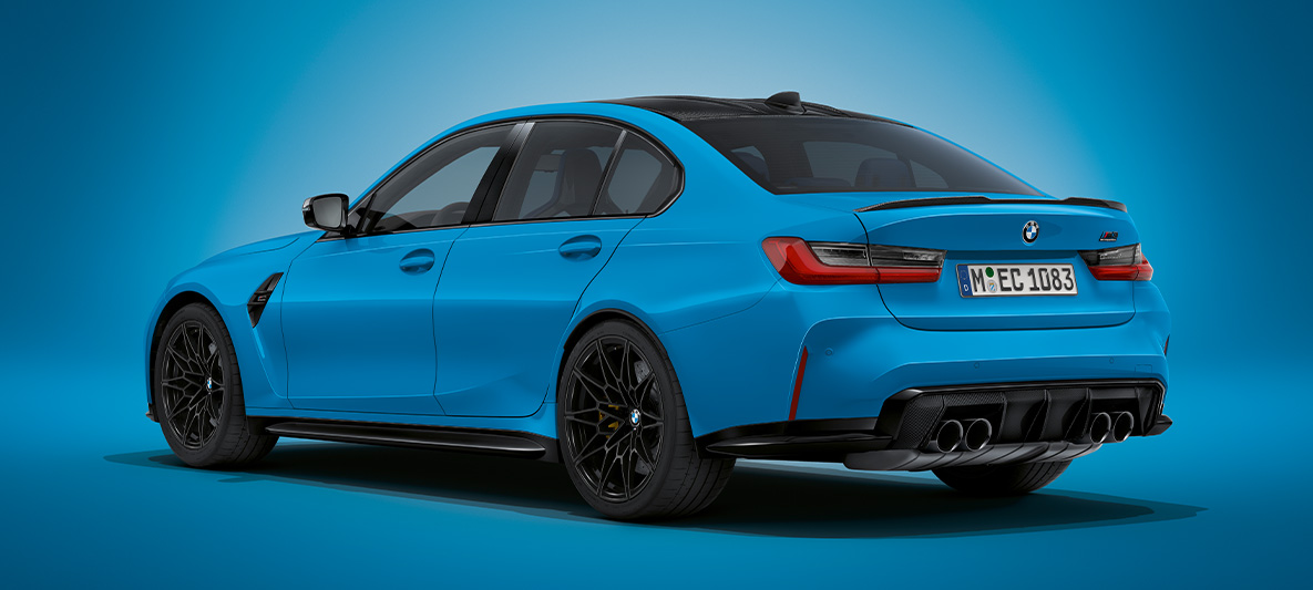BMW M3 Saloon BMW Individual Mexico Blue metallic G80 2021 three-quarter rear view standing BMW M3 Saloon BMW Individual Mexico Blue metallic G80 2021 three-quarter rear view standing