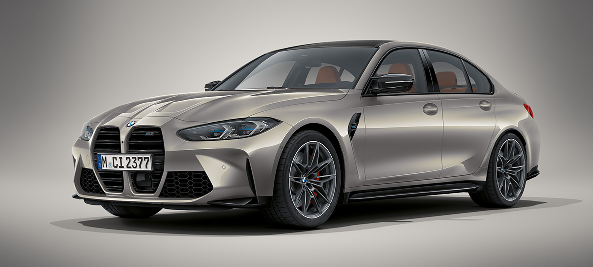 BMW Individual Oxide Grey metallic BMW M3 Saloon G80 2020 BMW M3 Saloon BMW Individual Oxide Grey metallic G80 2020 three-quarter front view standing