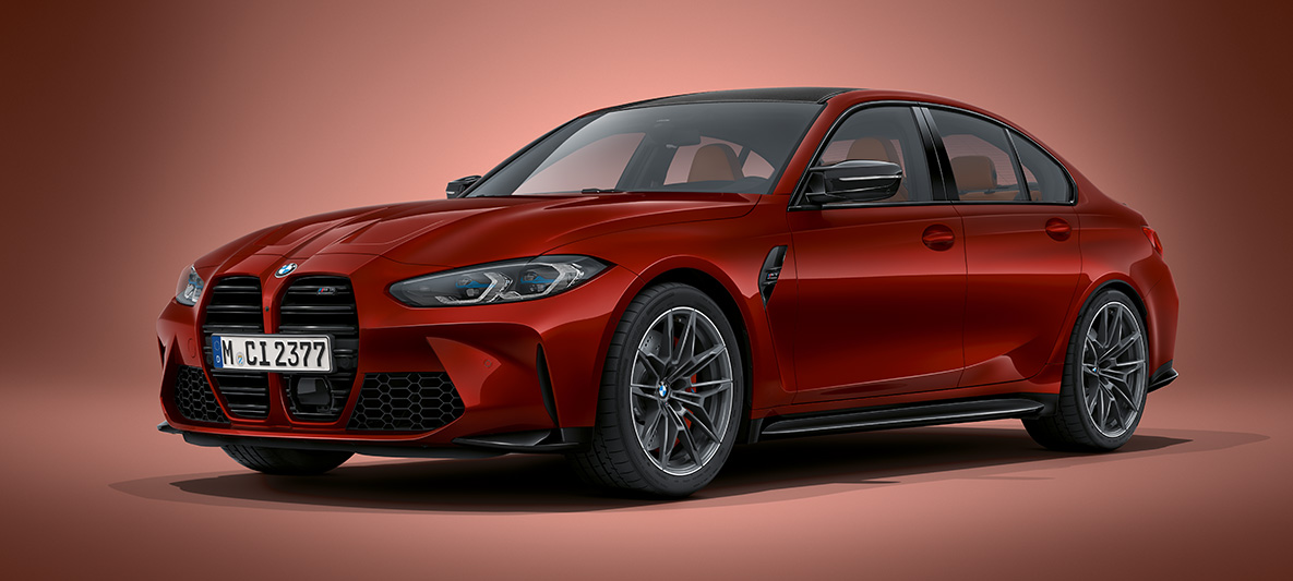BMW Individual Aventurine Red metallic BMW M3 Saloon G80 2020 BMW M3 Saloon BMW Individual Aventurine Red metallic G80 2020 three-quarter front view standing