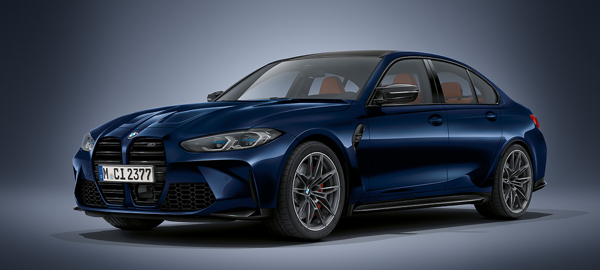 BMW Individual Tanzanite Blue metallic BMW M3 Saloon G80 2020 BMW M3 Saloon BMW Individual Tanzanite Blue metallic G80 2020 three-quarter front view standing
