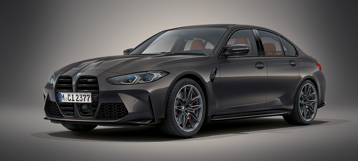 BMW Individual Dravit Grey metallic BMW M3 Saloon G80 2020 BMW M3 Saloon BMW Individual Dravit Grey metallic G80 2020 three-quarter front view standing