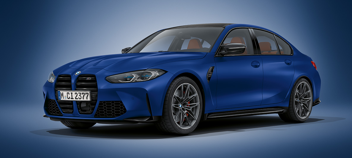 BMW Individual Frozen Portimao Blue metallic BMW M3 Saloon G80 2020 BMW M3 Saloon BMW Individual Frozen Portimao Blue metallic G80 2020 three-quarter front view standing