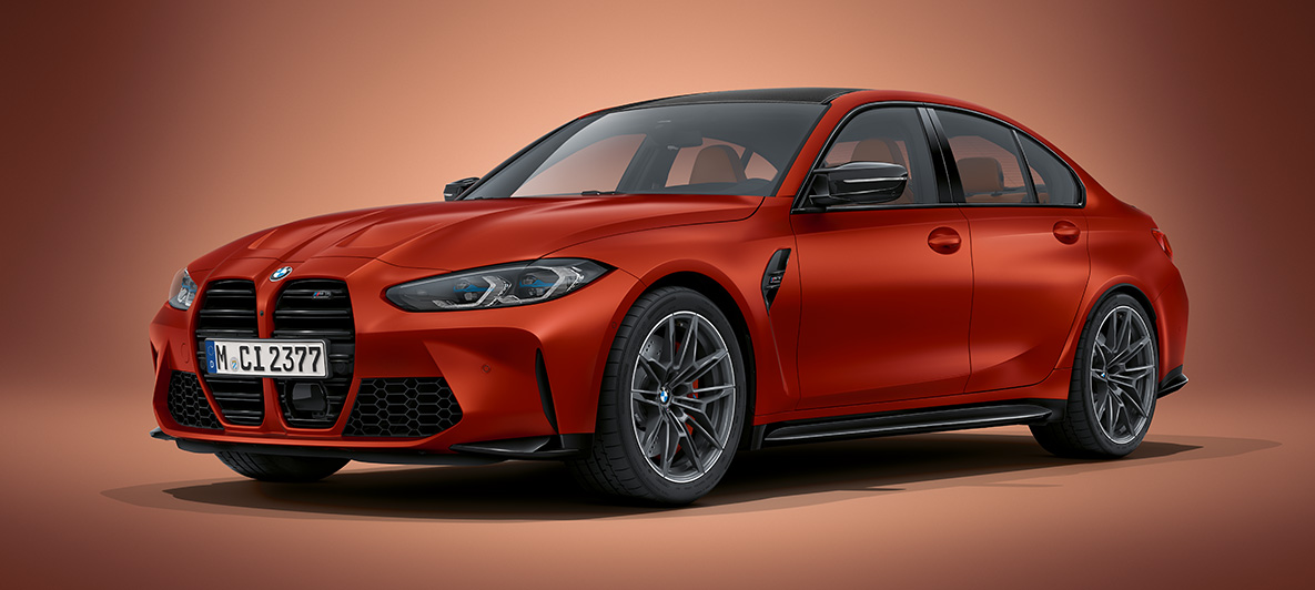 BMW Individual Frozen Orange metallic BMW M3 Saloon G80 2020 BMW M3 Saloon BMW Individual Frozen Orange metallic G80 2020 three-quarter front view standing