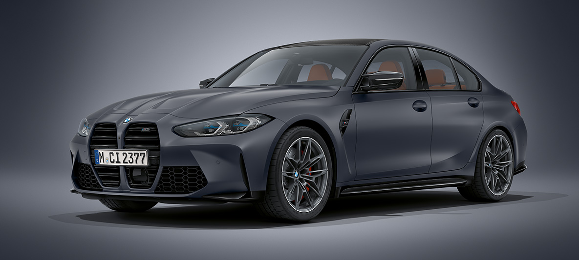 BMW Individual Frozen Dark Grey metallic BMW M3 Saloon G80 2020 BMW M3 Saloon BMW Individual Brooklyn Grey metallic G80 2020 three-quarter front view standing
