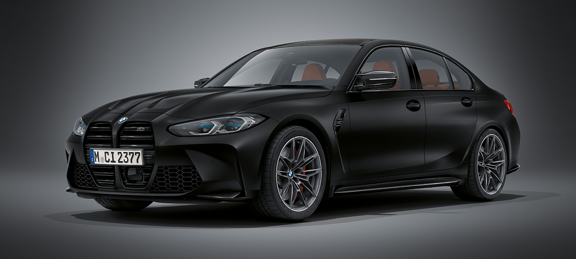 BMW Individual Frozen Black metallic BMW M3 Saloon G80 2020 BMW M3 Saloon BMW Individual Frozen Black metallic G80 2020 three-quarter front view standing