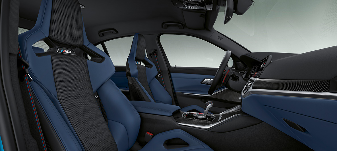 BMW Individual full fine-grain leather 'Merino' Fjord Blue/Black BMW M3 Saloon 2021 G80 Interior BMW Individual full fine-grain leather 'Merino' Fjord Blue/Black BMW M3 Saloon G80 2021 interior