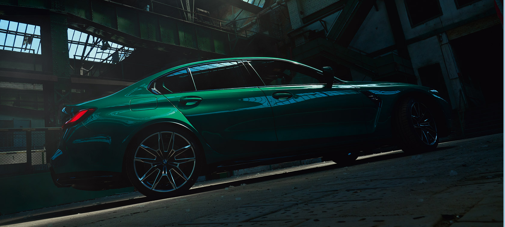 BMW M3 Saloon G80 2020 side view worm's-eye view BMW M3 Saloon G80 2020 Isle of Man Green metallic side view worm's-eye view