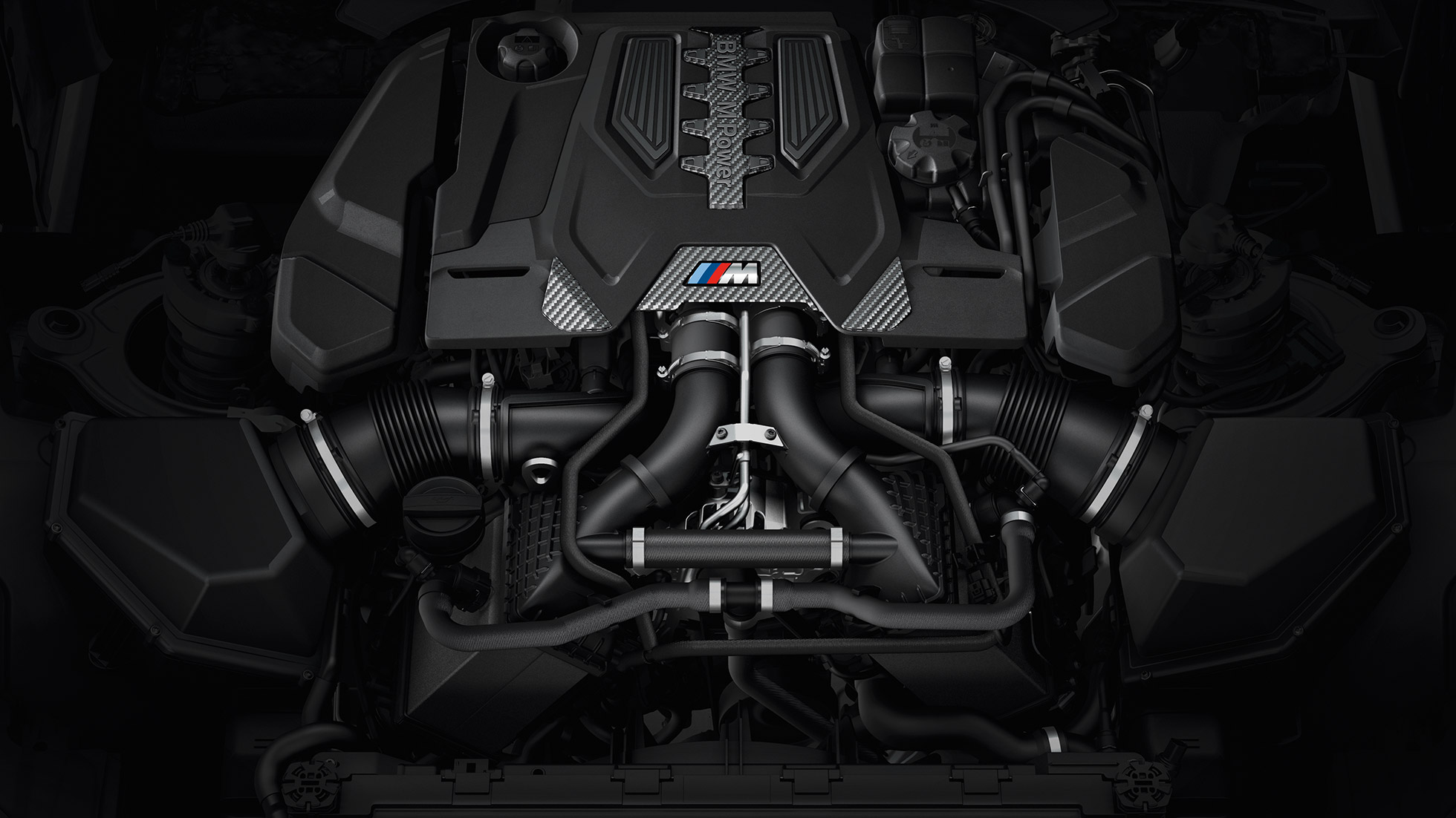 M TwinPower Turbo 8-cylinder petrol engine. BMW M5 Competition engine with M cover.