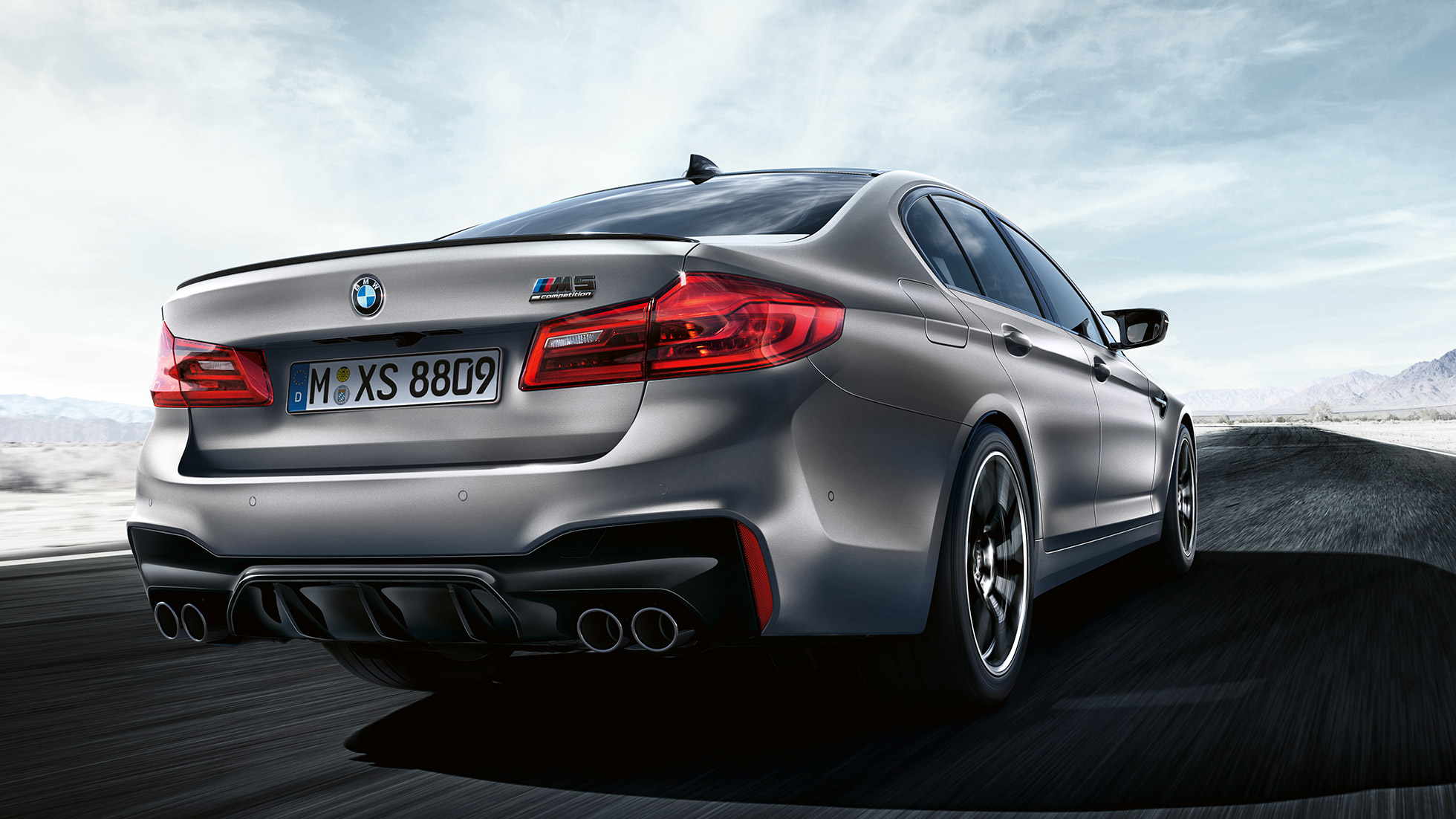 LED rear lights. BMW M5 Competition design three-quarter rear shot.