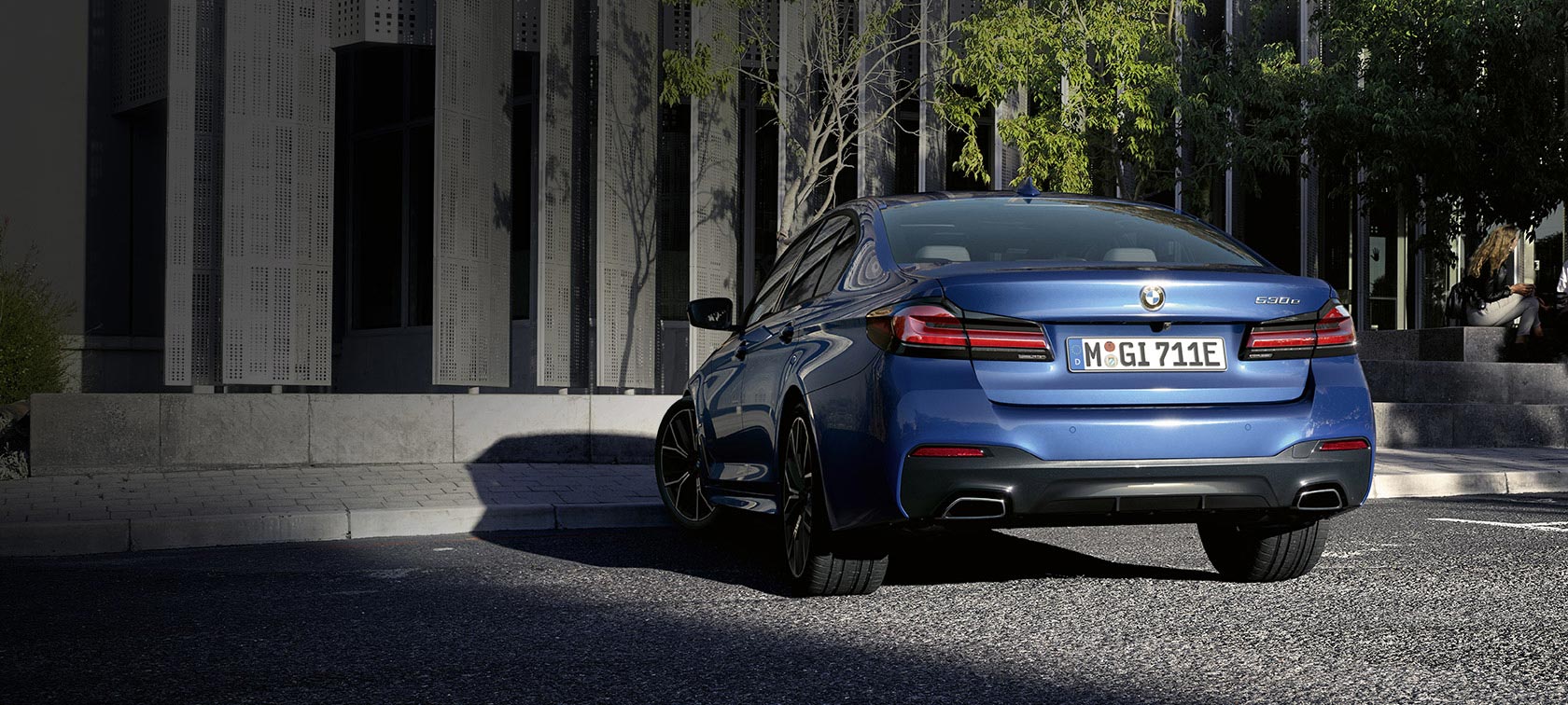 BMW 5 Series Saloon G30 standing BMW 5 Series Saloon G30 Facelift 2020 Phytonic Blue rear view standing