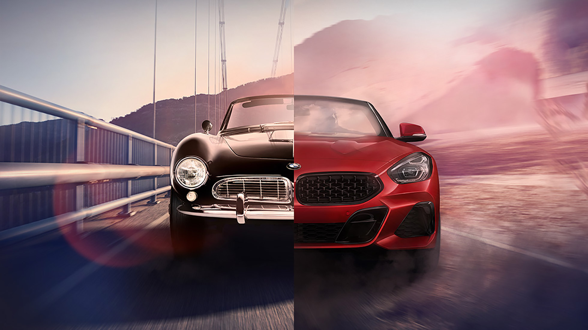 BMW 507 and BMW Z4 Roadster Split screen of black BMW 507 and BMW Z4 Roadster