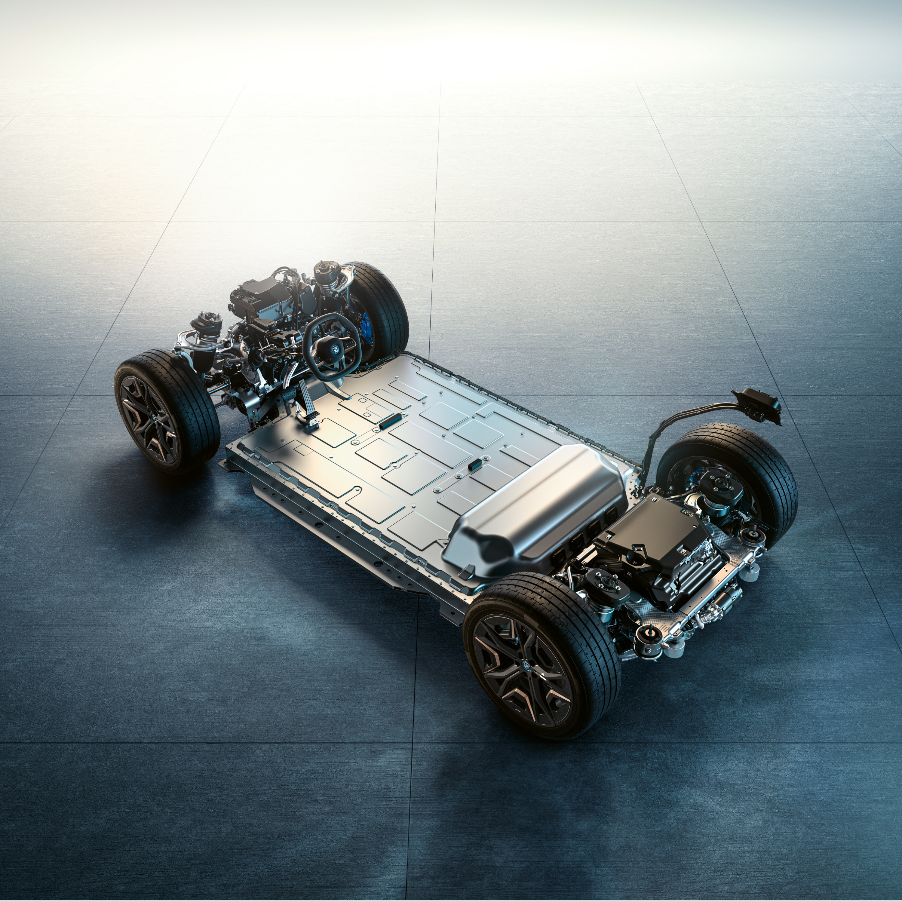 The disassembled bottom view of a BMW with a battery seat